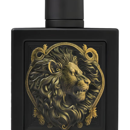 Black perfume bottle with gold lion design on a white background