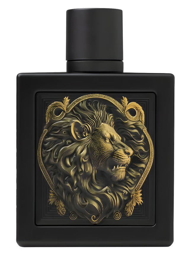Black perfume bottle with gold lion design on a white background