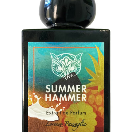 Perfume bottle labeled 'Summer Hammer' with a colorful label featuring an owl design.