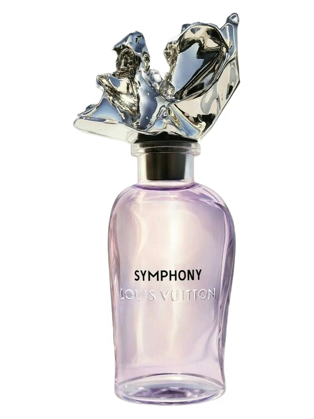 Louis Vuitton Symphony perfume bottle with decorative cap on a white background