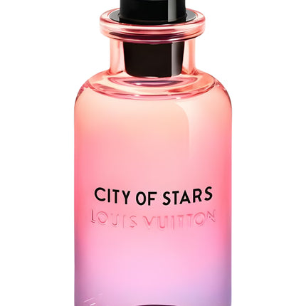 Louis Vuitton 'City of Stars' perfume bottle with gradient pink to blue design on a white background