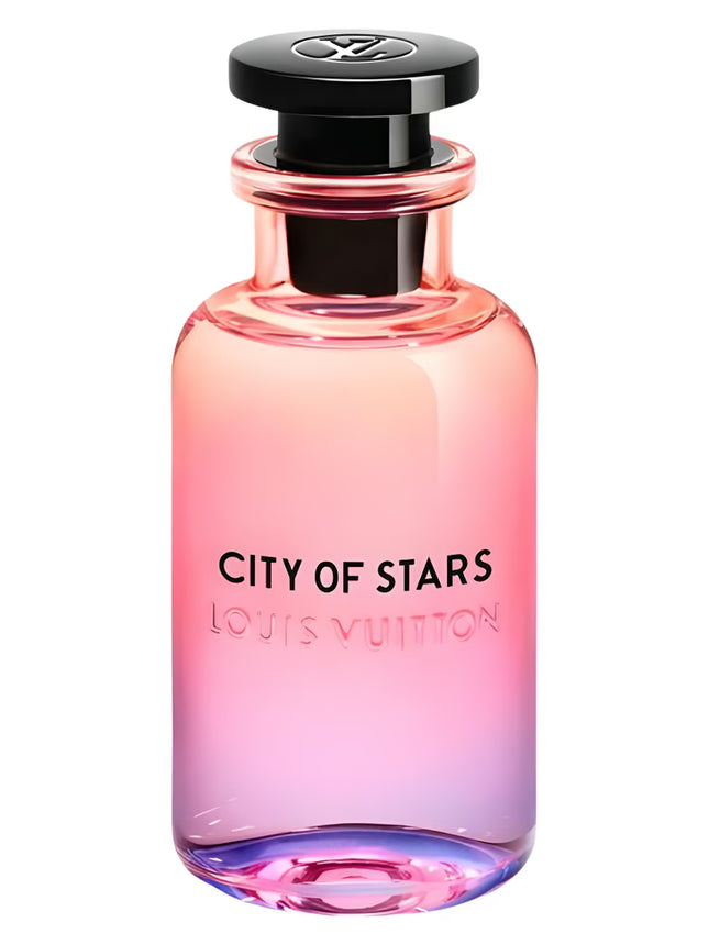 Louis Vuitton 'City of Stars' perfume bottle with gradient pink to blue design on a white background