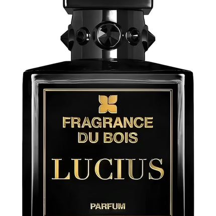 Black perfume bottle with gold text 'Fragrance du Bois Lucius' on a white background