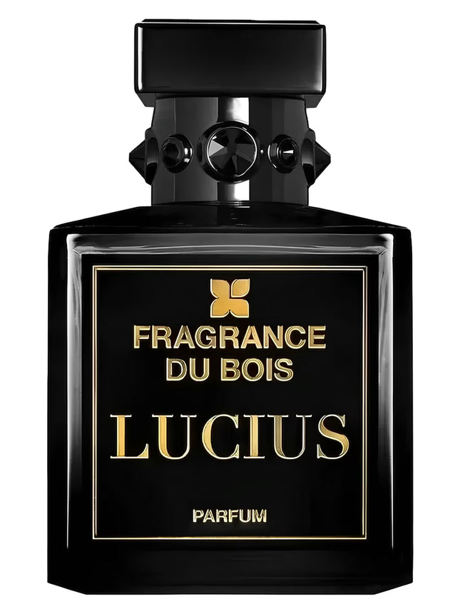 Black perfume bottle with gold text 'Fragrance du Bois Lucius' on a white background