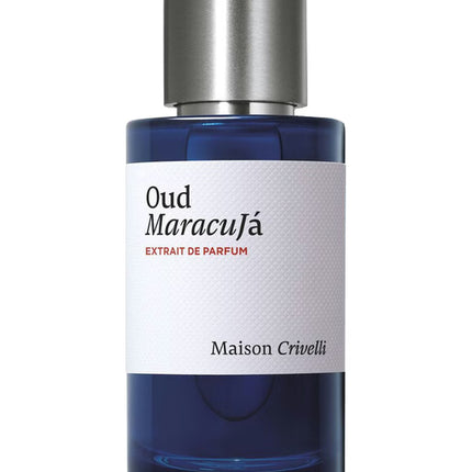 Perfume bottle labeled 'Oud Maracuja' by Maison Crivelli on a white background