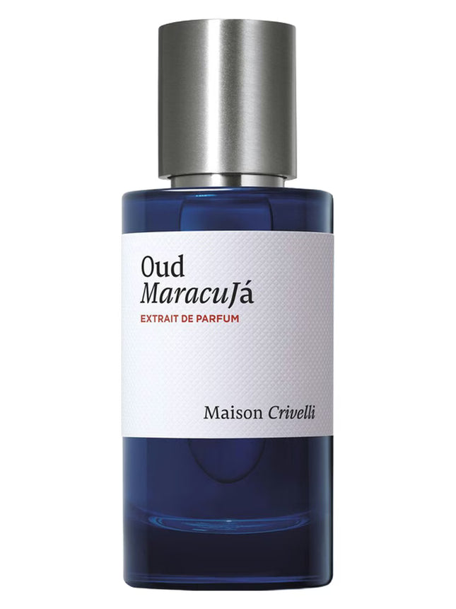 Perfume bottle labeled 'Oud Maracuja' by Maison Crivelli on a white background