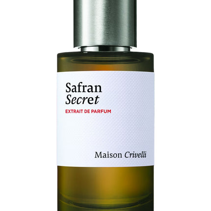 Perfume bottle labeled 'Safran Secret' by Maison Crivelli on a white background