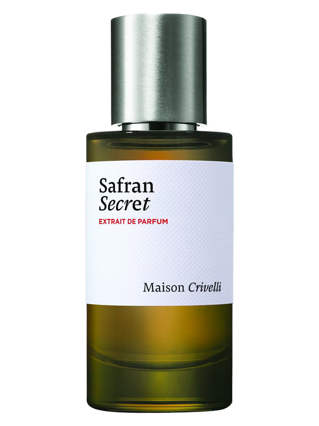 Perfume bottle labeled 'Safran Secret' by Maison Crivelli on a white background