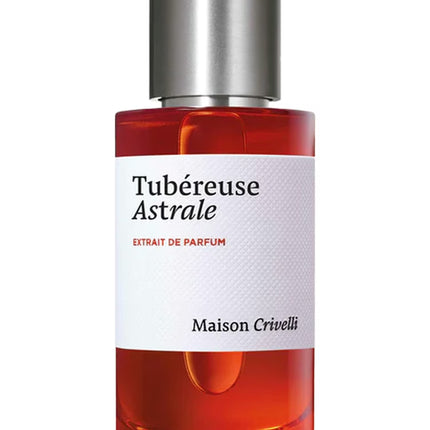 Perfume bottle labeled 'Tubéreuse Astrale' by Maison Crivelli on a white background