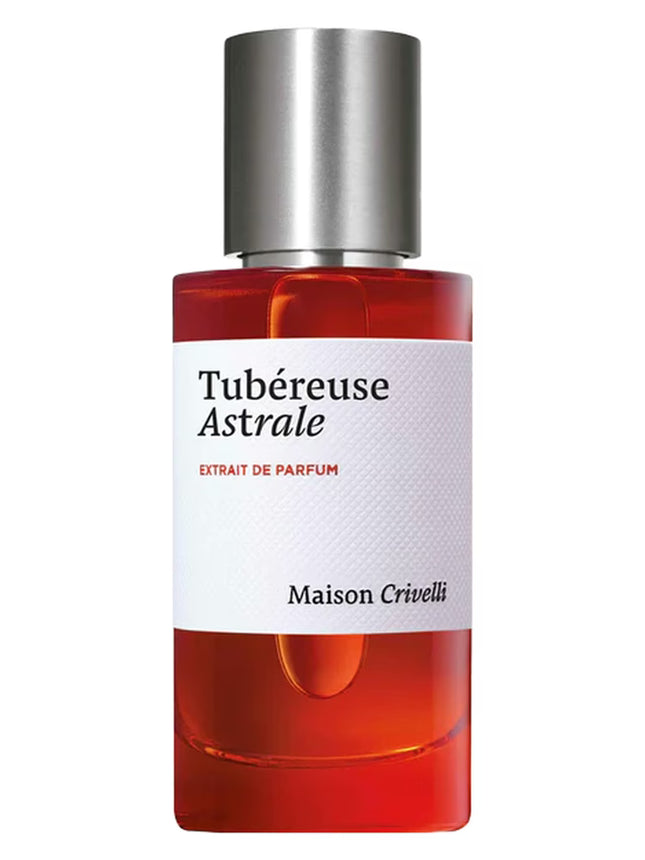Perfume bottle labeled 'Tubéreuse Astrale' by Maison Crivelli on a white background