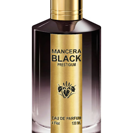 Mancera Black Prestigium perfume bottle with gold cap and label on a white background
