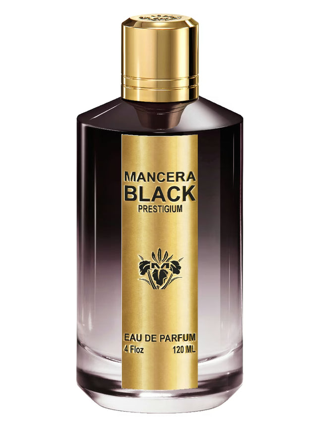 Mancera Black Prestigium perfume bottle with gold cap and label on a white background