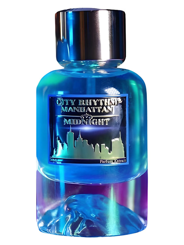 Blue perfume bottle labeled 'City Rhythm Manhattan by Midnight' on a white background