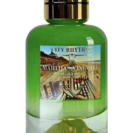 Green bottle with gold cap labeled 'City Rhythm' on a white background