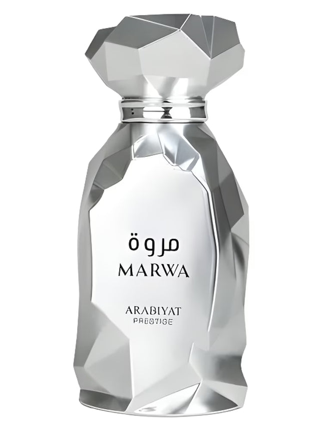 Silver perfume bottle with 'Marwa' branding on a white background