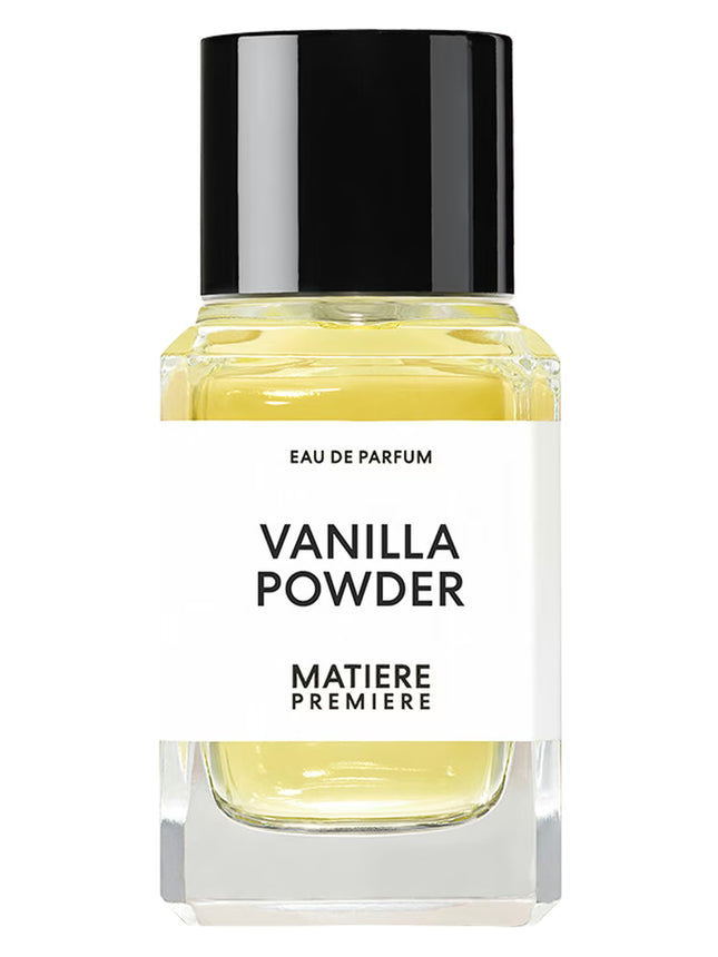 Perfume bottle labeled 'Vanilla Powder' by 'Matiere Premiere' on a white background