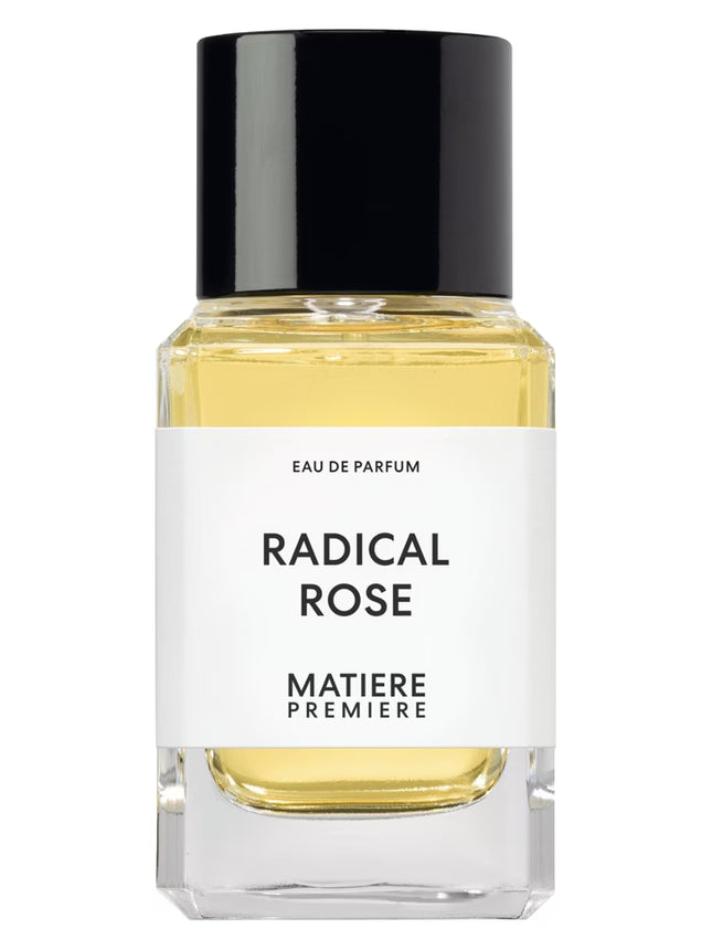 Perfume bottle labeled 'Radical Rose' by 'Matiere Premiere' on a white background