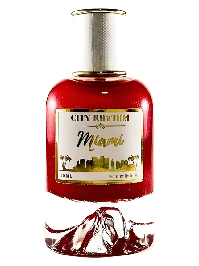 Red bottle with a label reading 'City Rhythm Miami' on a white background