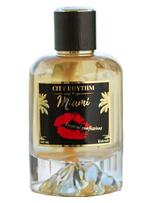 Perfume bottle labeled 'City Rhythm Miami' with a black cap on a white background