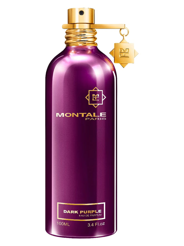 Purple perfume bottle with gold cap and Montale branding on a white background