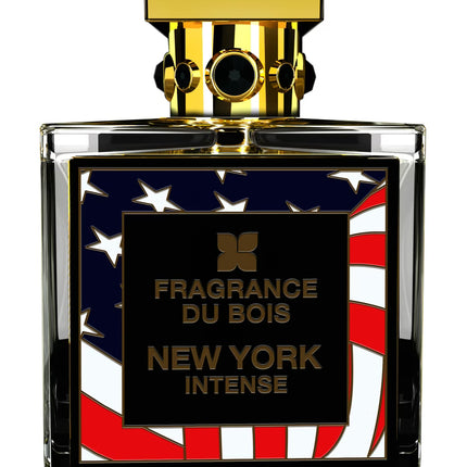 Fragrance Du Bois New York Intense perfume bottle with American flag design on a white background
