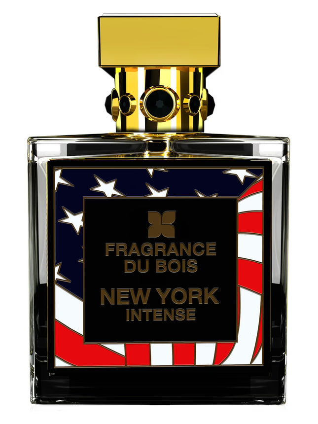 Fragrance Du Bois New York Intense perfume bottle with American flag design on a white background