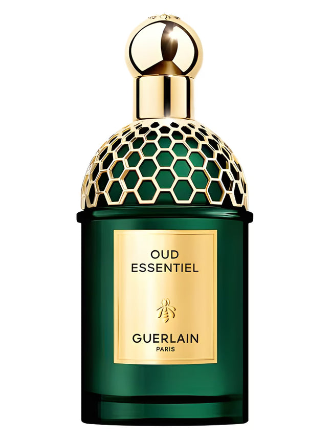 Guerlain Oud Essentiel perfume bottle with gold cap on a white background