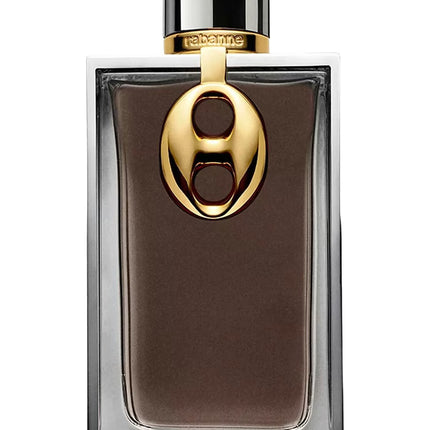 Perfume bottle with gold cap and label on a white background