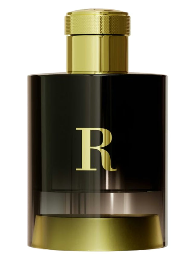 Perfume bottle with gold cap and letter 'R' on a white background