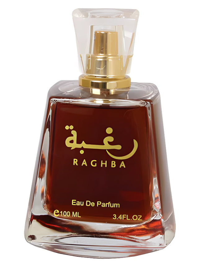 Raghba Eau De Parfum bottle with gold cap on a white background