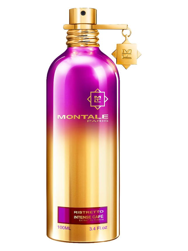 Montale Paris Ristretto Intense Cafe perfume bottle with gradient purple to gold design on a white background.