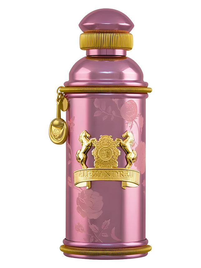 Pink perfume bottle with gold accents on a white background