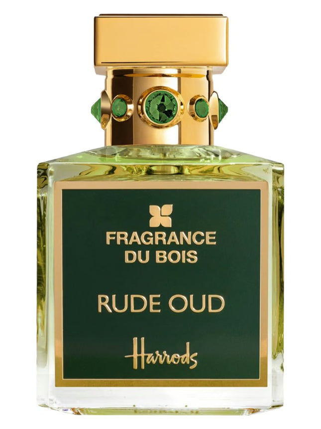 Fragrance Du Bois Rude Oud perfume bottle with gold and green design on a white background