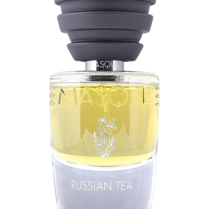 Perfume bottle labeled 'Russian Tea' with a gray cap on a white background