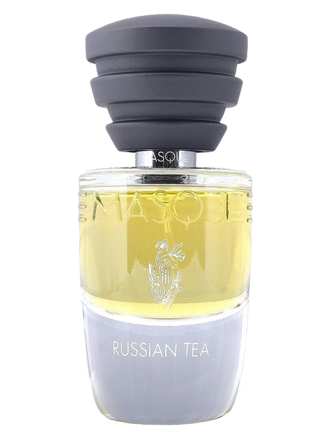 Perfume bottle labeled 'Russian Tea' with a gray cap on a white background