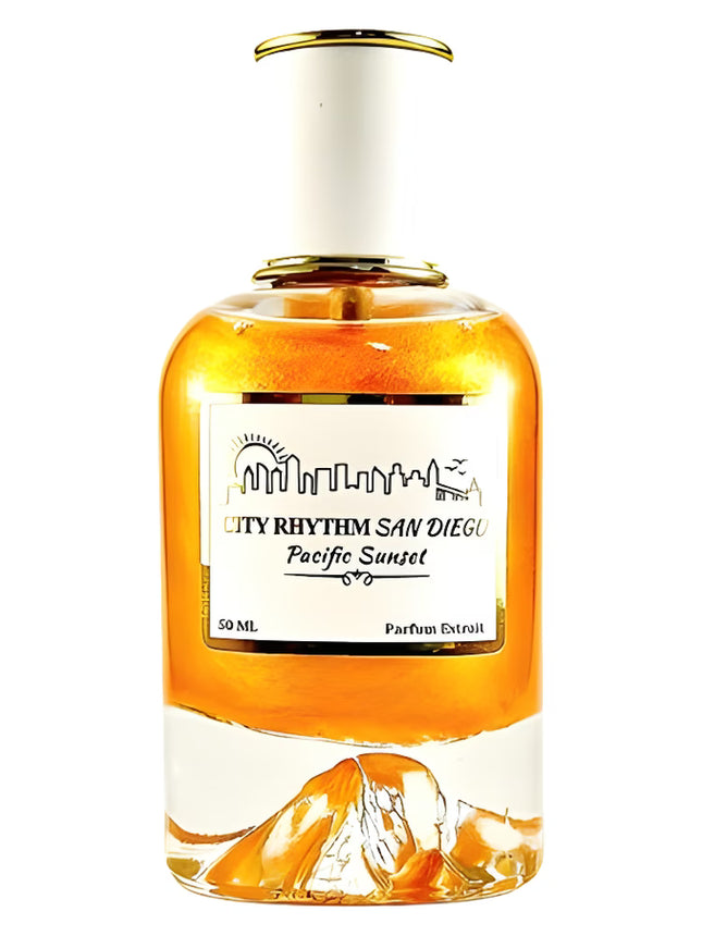 Bottle of City Rhythm San Diego Pacific Sunset parfum extract on a white background