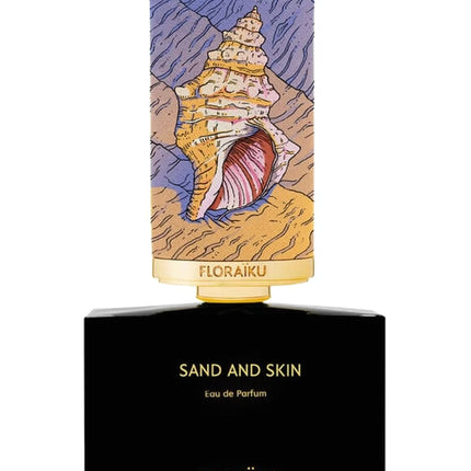 Floraiku Sand and Skin perfume bottle with shell design on a white background