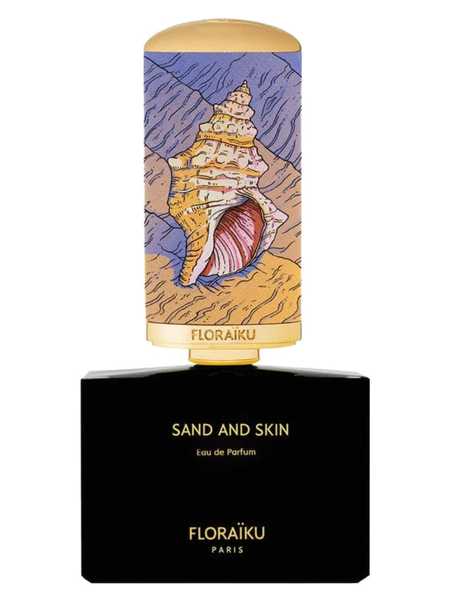 Floraiku Sand and Skin perfume bottle with shell design on a white background
