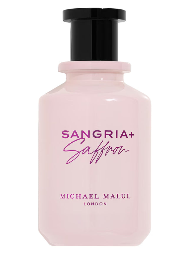 Pink perfume bottle with black cap labeled 'Sangria + Saffron' by Mich ael Malulon a white background