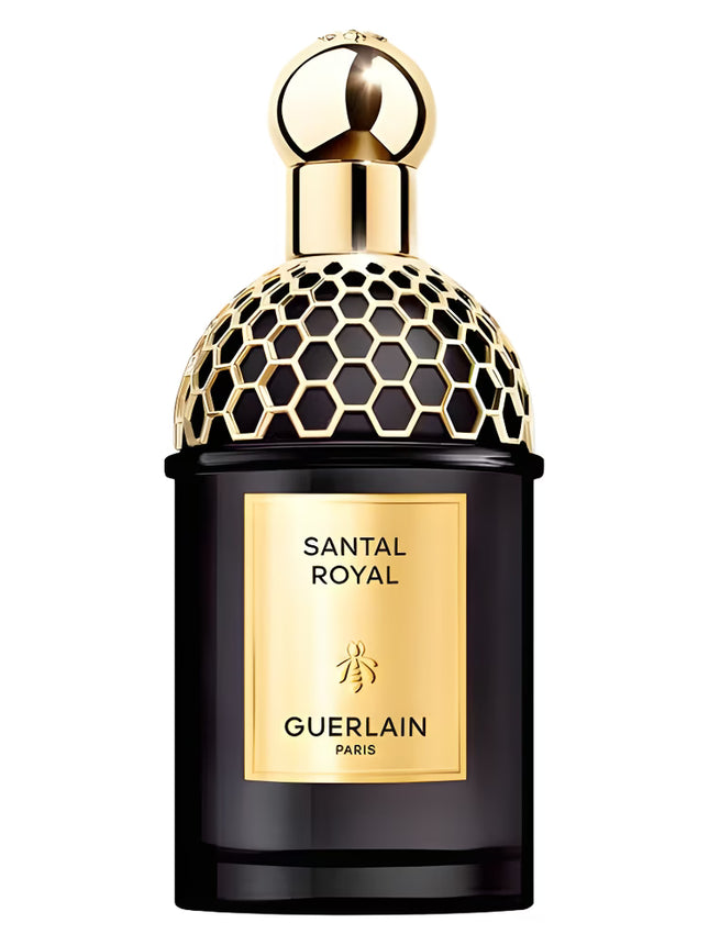Guerlain Santal Royal perfume bottle with gold cap and label on a white background