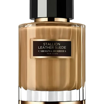 Perfume bottle labeled 'Stallion Leather Suede' by Carolina Herrera on a white background