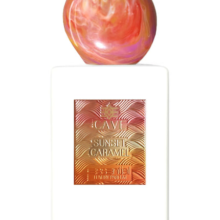 Perfume bottle with colorful cap on a white background