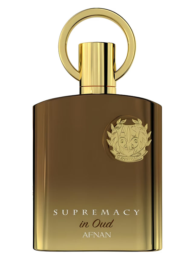 Perfume bottle labeled 'Supremacy in Oud' by Afnan with gold cap on a white background