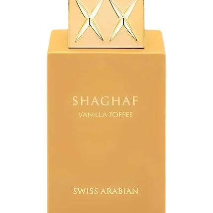 Shaghaf Vanilla Toffee perfume bottle by Swiss Arabian on a white background