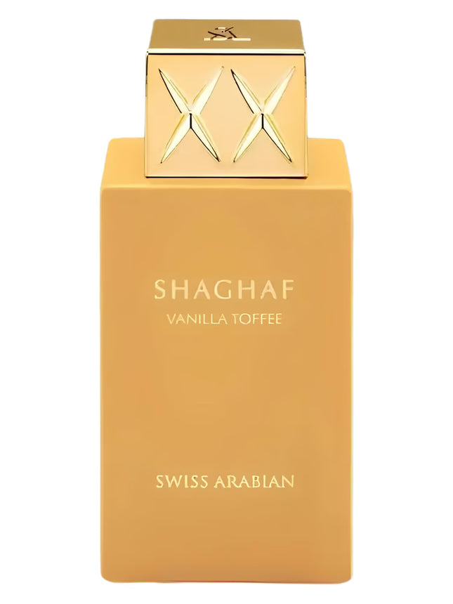 Shaghaf Vanilla Toffee perfume bottle by Swiss Arabian on a white background