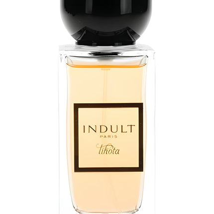 Perfume bottle labeled 'Indult Paris' with a black cap on a white background