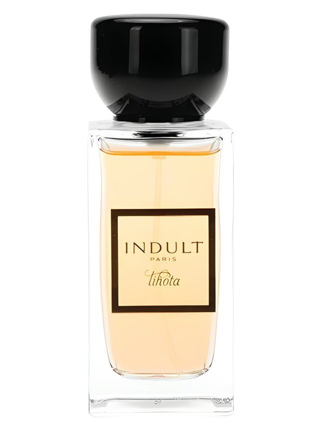 Perfume bottle labeled 'Indult Paris' with a black cap on a white background