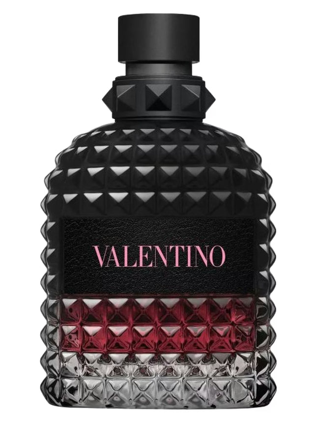 Valentino perfume bottle with black, red, and gray design on a white background