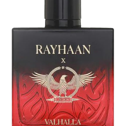 Perfume bottle with 'Rayhaan' branding and red and black design