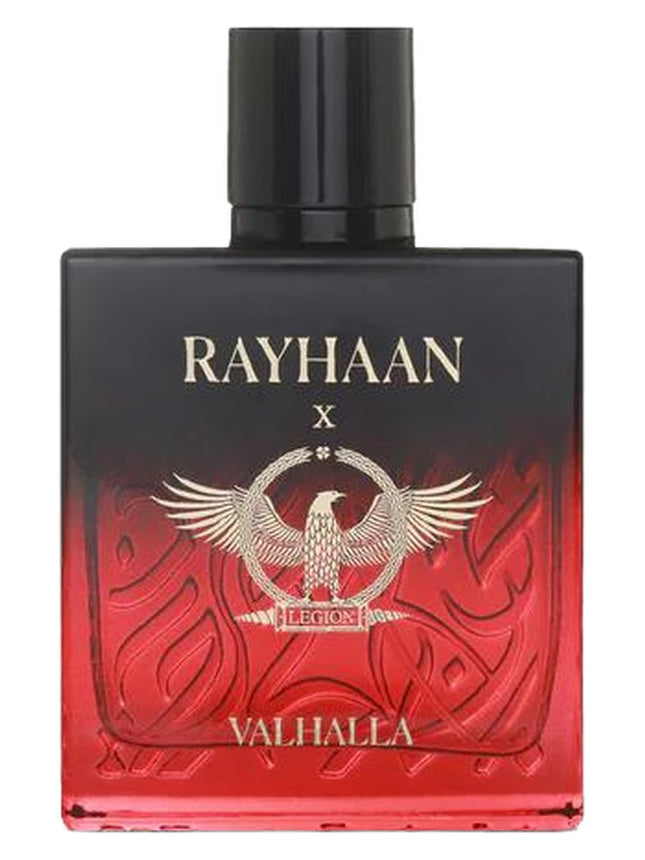 Perfume bottle with 'Rayhaan' branding and red and black design